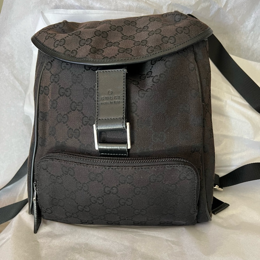 GUCCI Authentic Vintage GG Monogram Black Canvas Flap Backpack Leather Trim